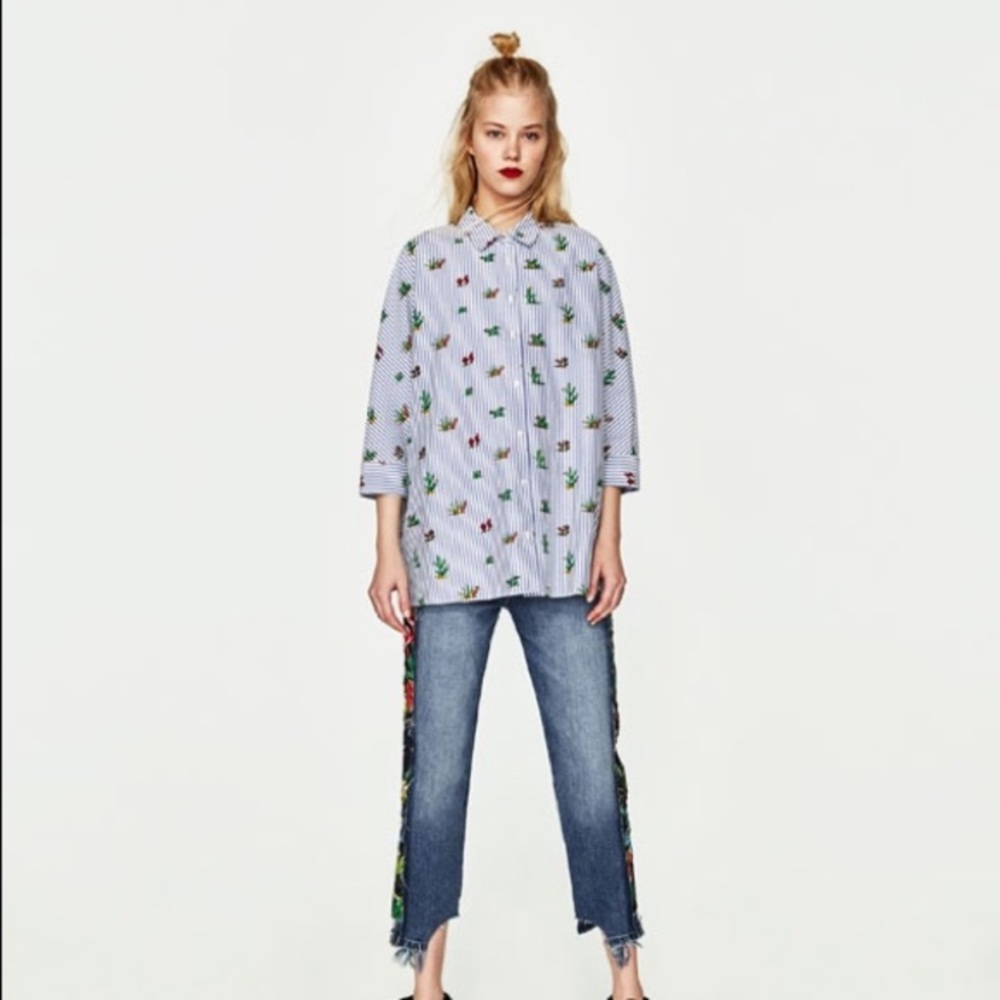 Zara Cactus Print Striped Blouse Size XL